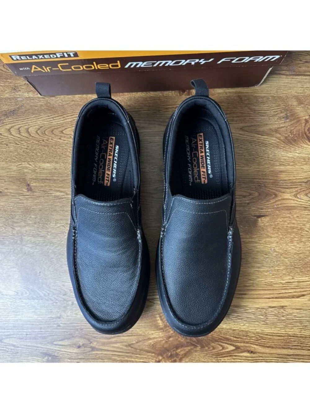 Skechers Harper Forde Black Leather Extra Wide Fit Slip-On Shoes Men's 10.5 EWW